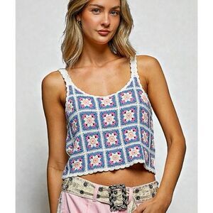 POL Blue Pink Crochet Granny Square Sleeveless Crop Top NEW